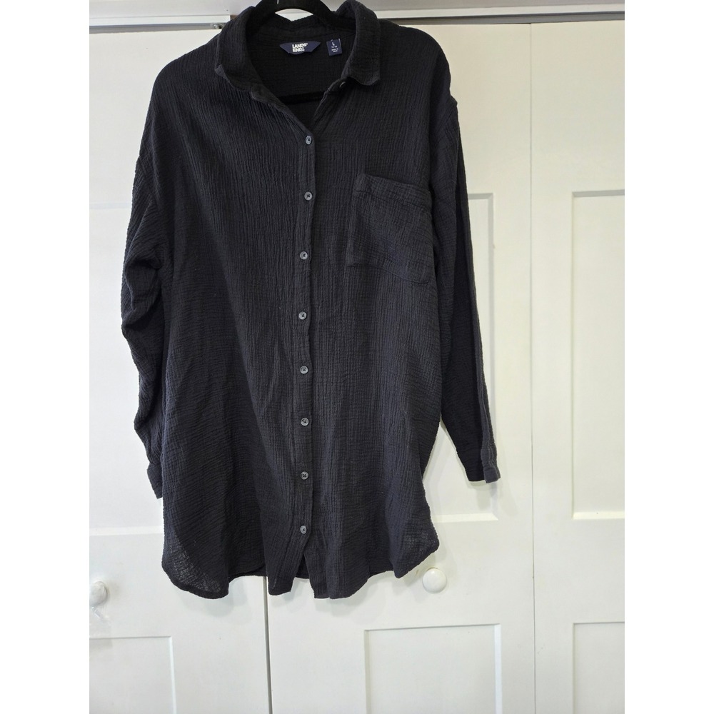 Lands End Womens Black Double Gauze Cotton Button Down Tunic Shirt L 14-16